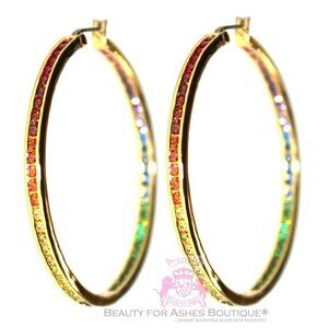 Women Gods Promise 2" Hoop Rainbow Cubic Zirconia Glam Earrings Gala Gold Plated